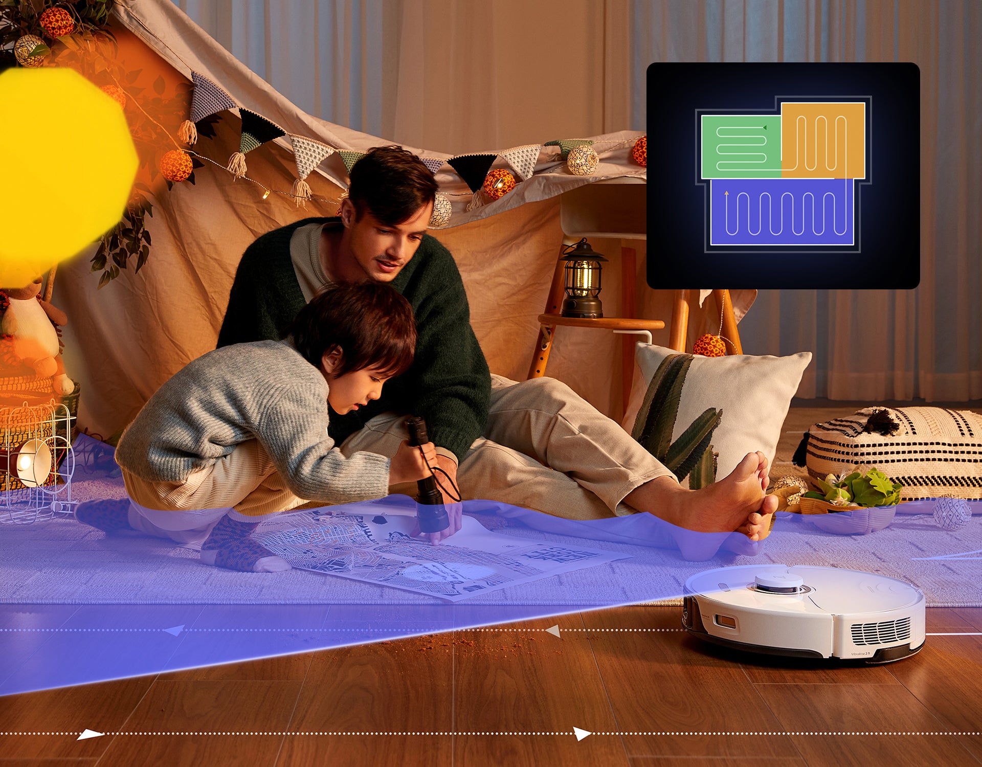 Father and son playing on the wooden floor, while the Roborock robot vacuum cleaner is cleaning without disturbing them This is a image